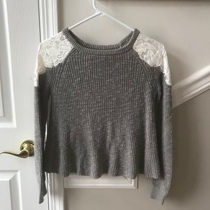 Grey knit sweater with lace on shoulders!